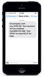 Mobile phone with e-payment notice on screen.